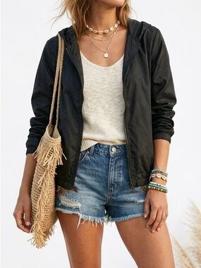 Brandy Melville Black Full Zip Lightweight Hooded Windbreaker Jacket OS